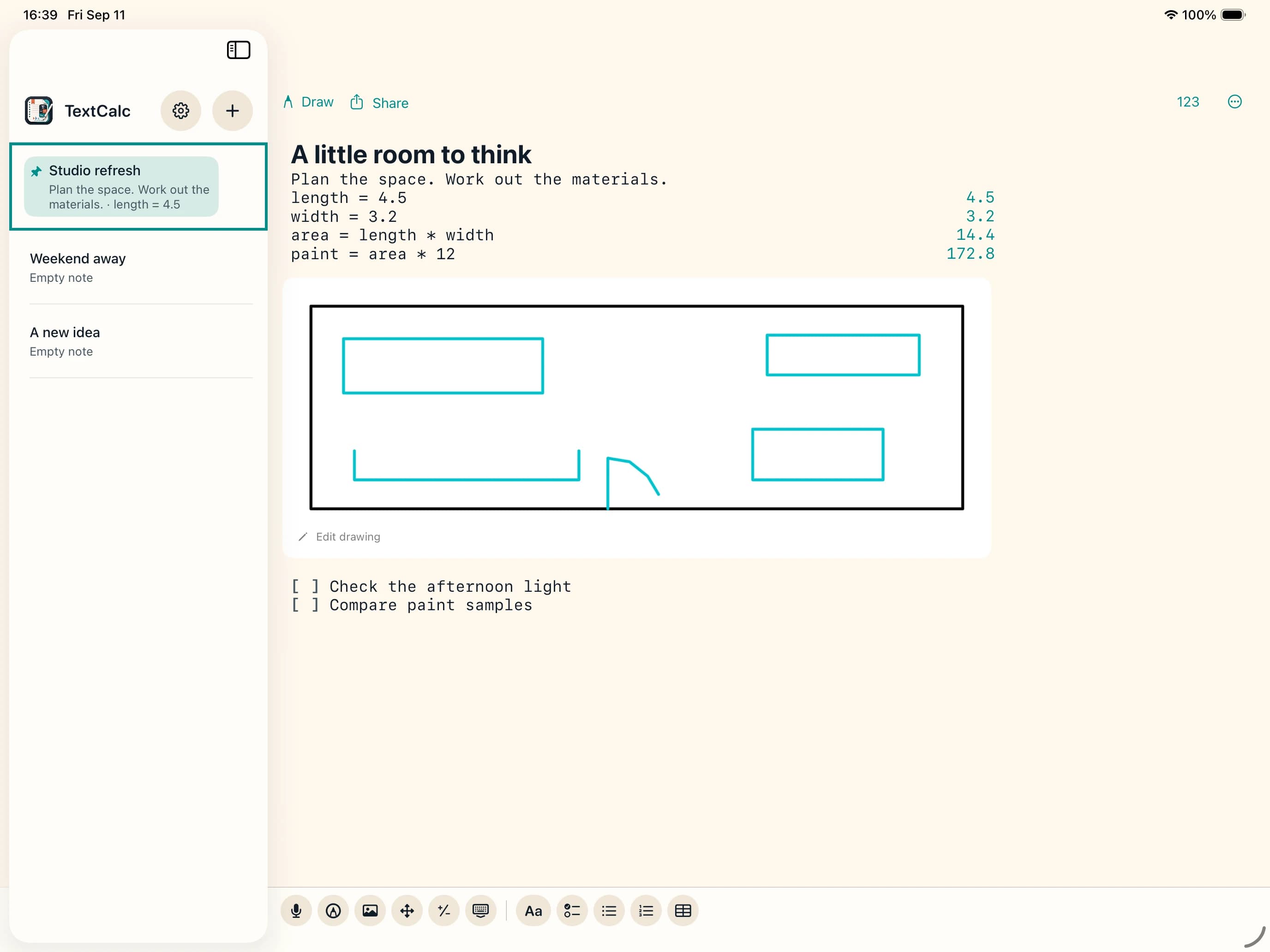 TextCalc 2.0 on iPad: a studio plan with live area and paint calculations and an inline floor plan drawing.