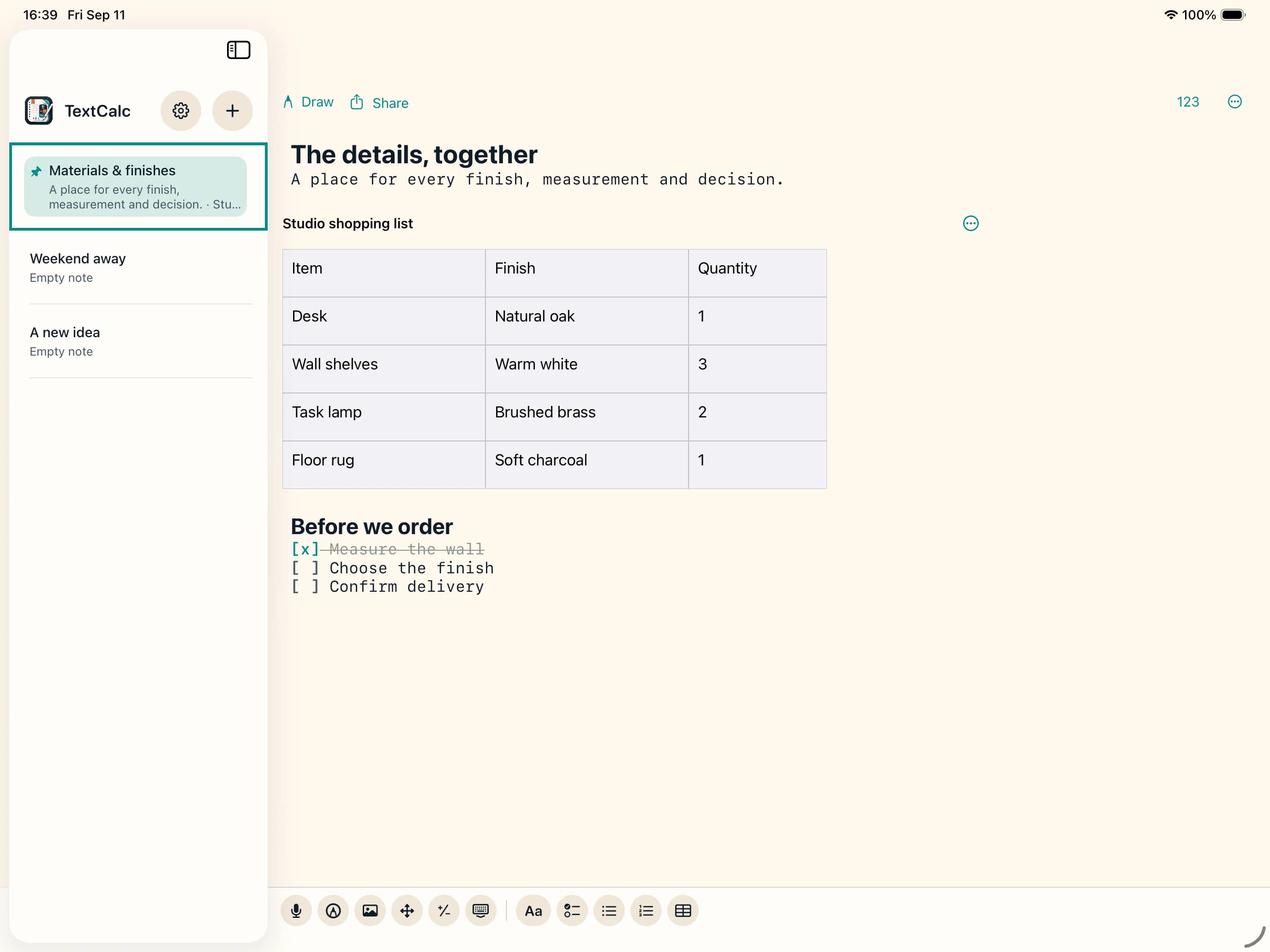 An iPad note with a studio shopping list in an editable table, plus a checklist for ordering materials.