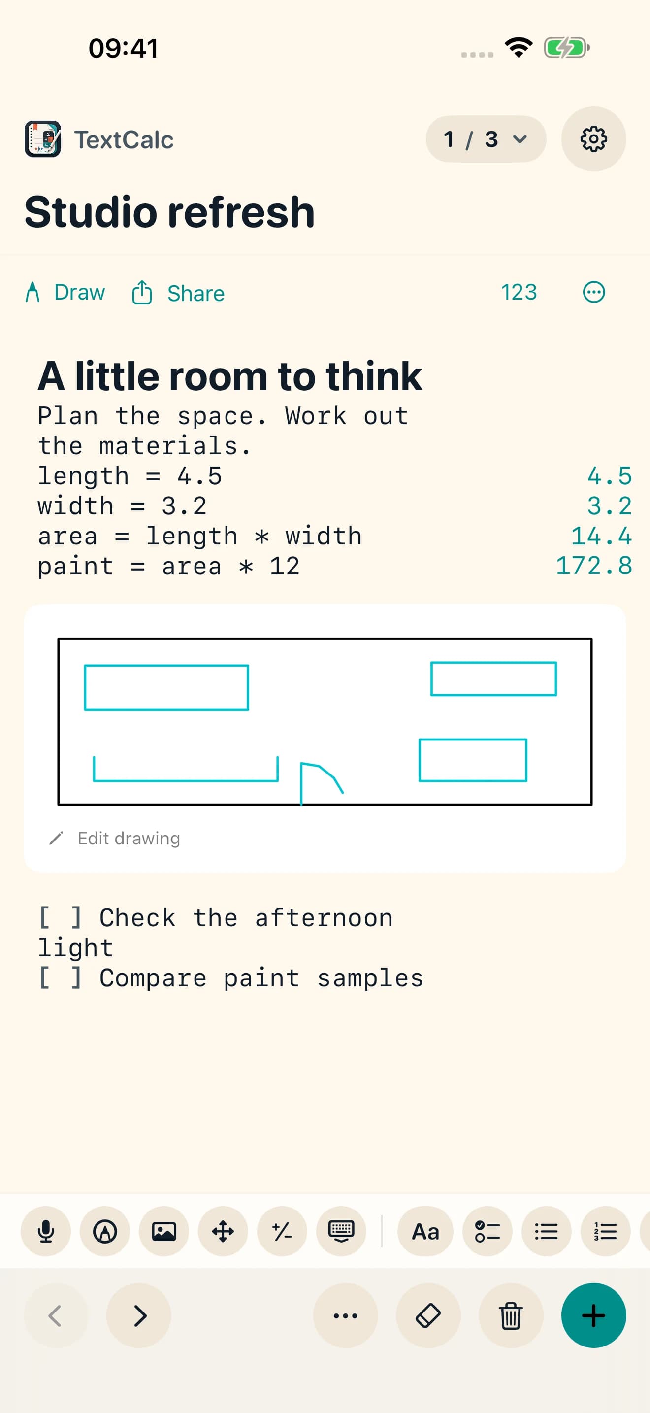 TextCalc 2.0 on iPhone showing a studio plan, inline calculations and a floor plan sketch.