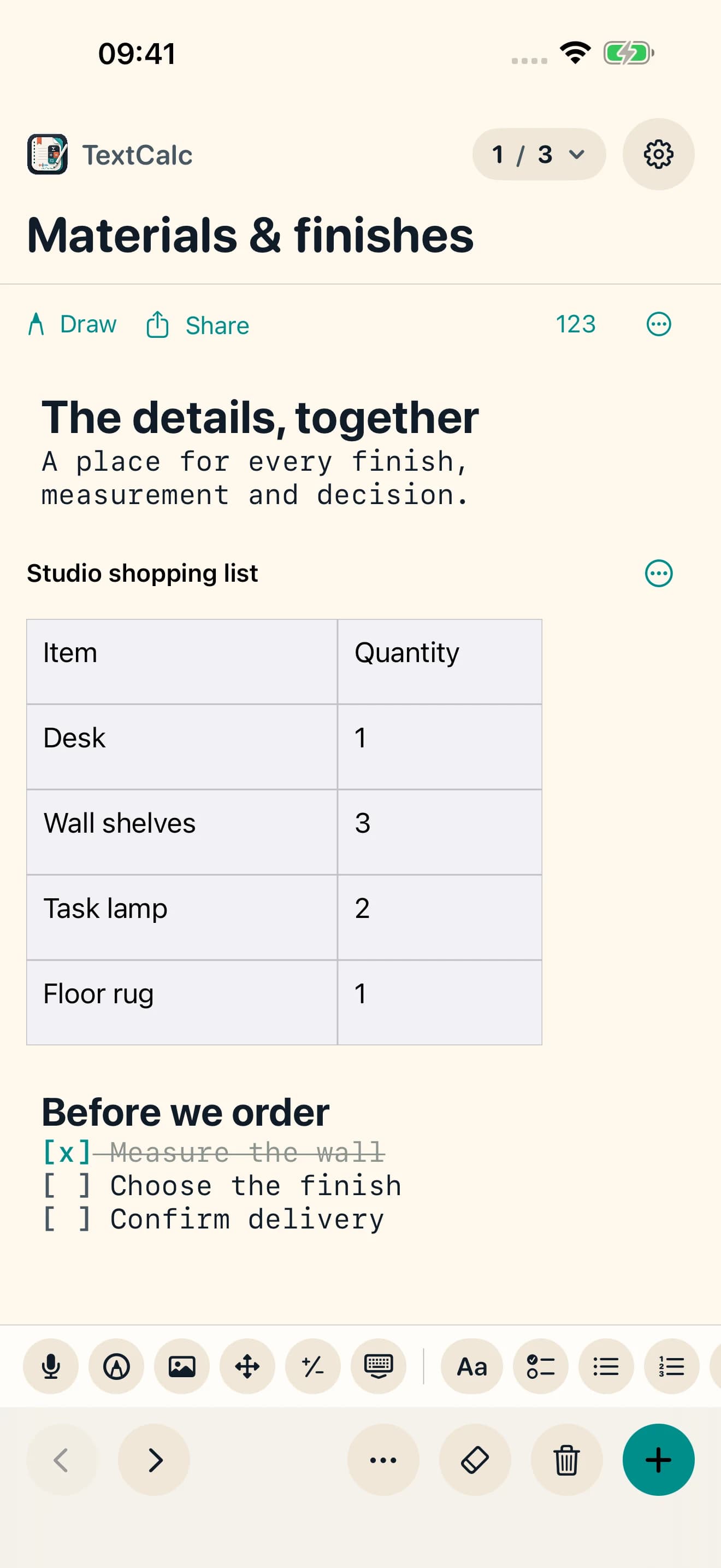 TextCalc 2.0 on iPhone showing a shopping table with quantities and a project checklist.