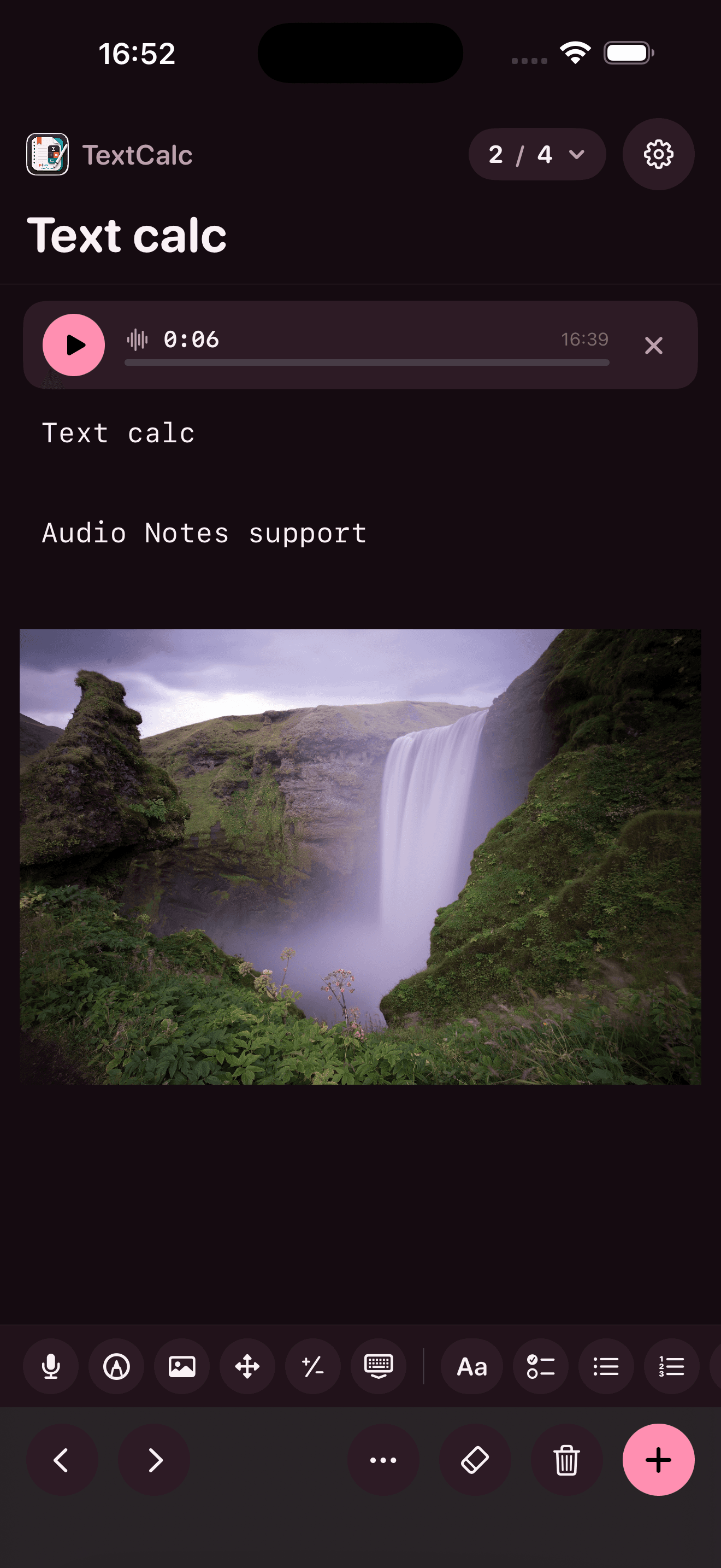 The same audio note shown in a dark plum theme.