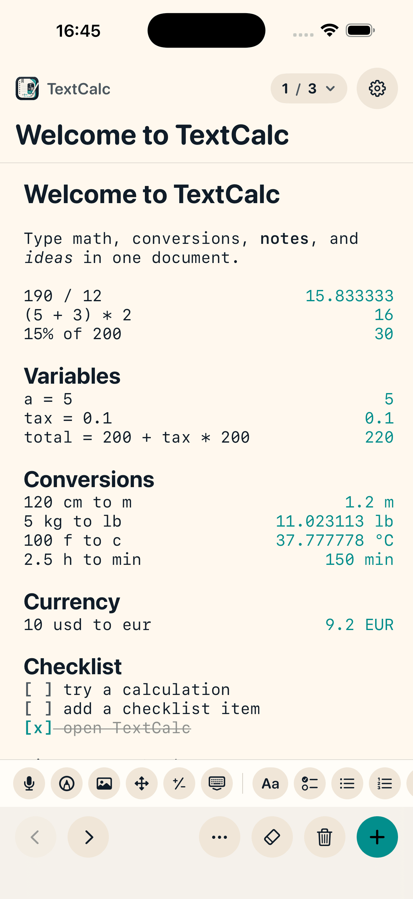 TextCalc note showing arithmetic, variables, unit conversions, currency, and a checklist.