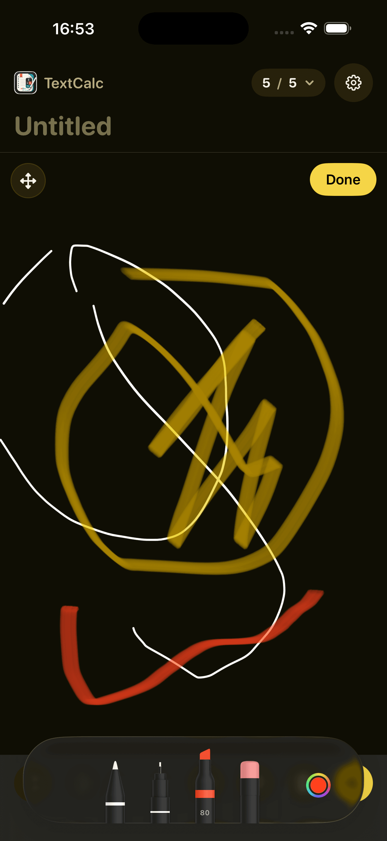 A freehand sketch drawn on a dark canvas inside TextCalc.